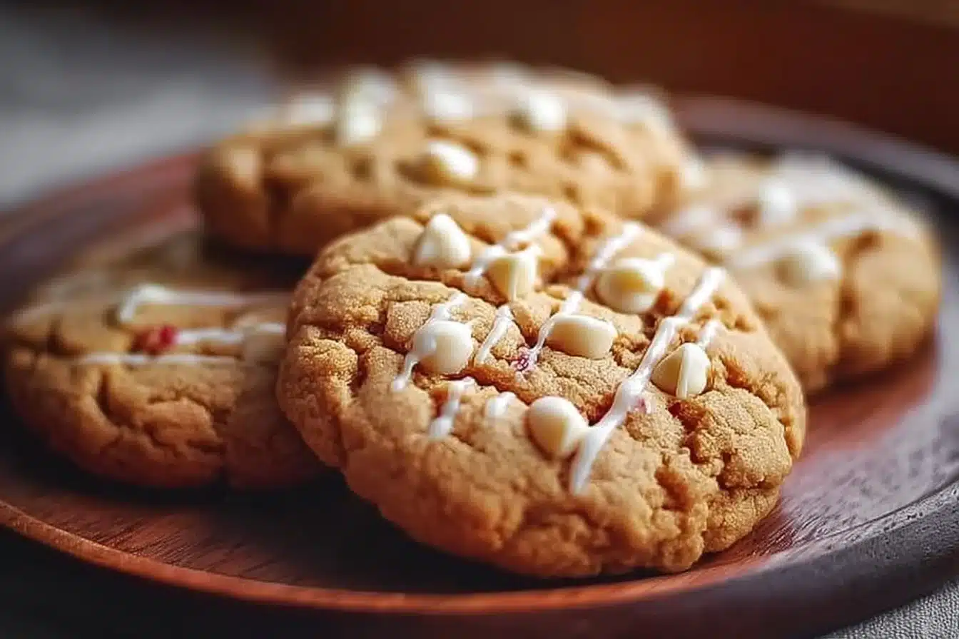 Handmade Maple White Chocolate Cookies on a wooden table.