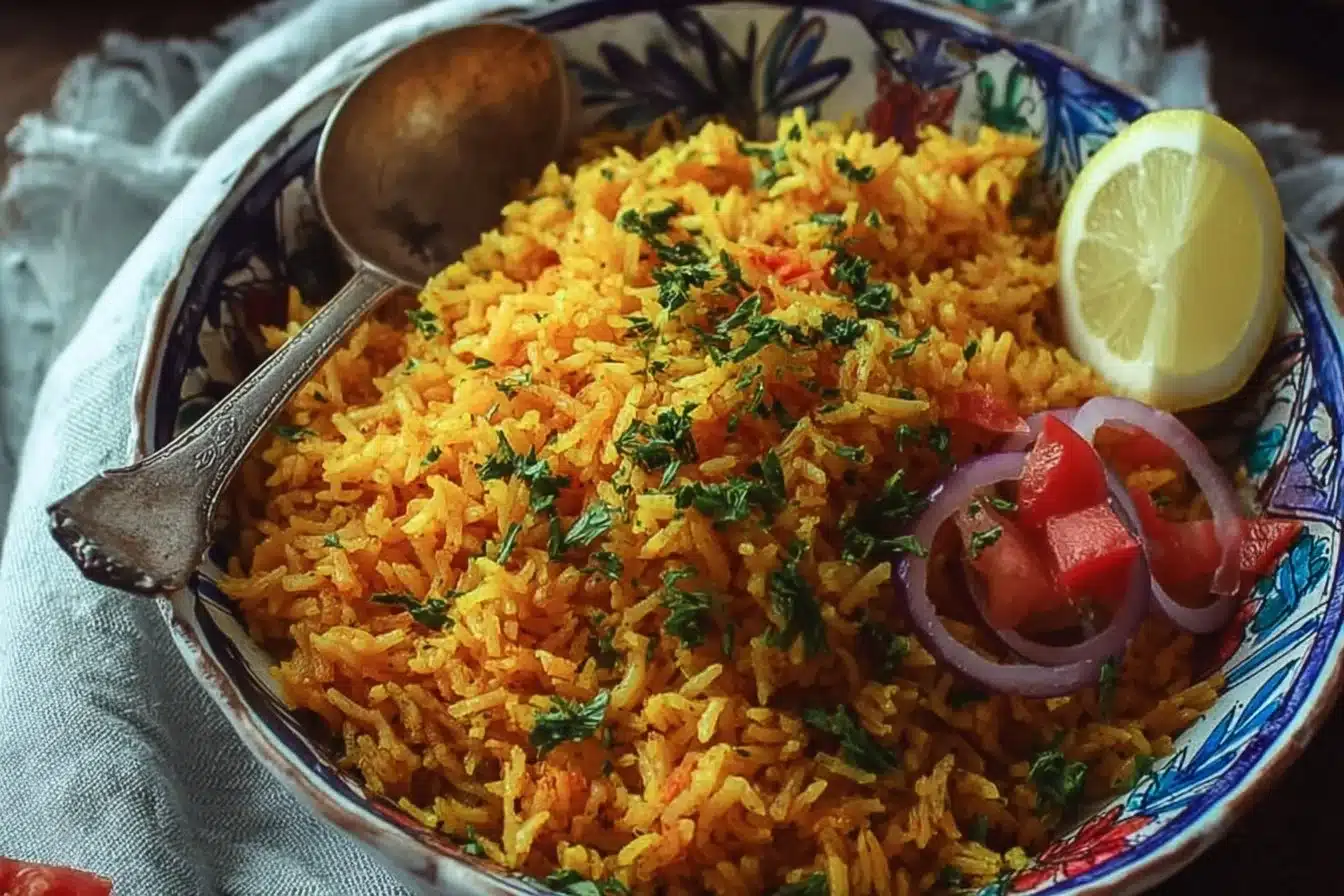 A colorful bowl of Mediterranean Rice with fresh vegetables and herbs.