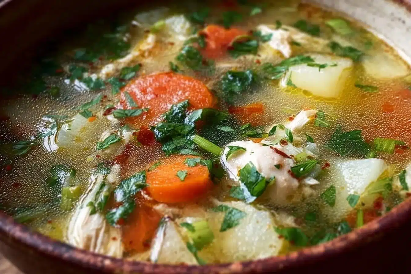 A bowl of nutritious chicken soup filled with vegetables and spices.