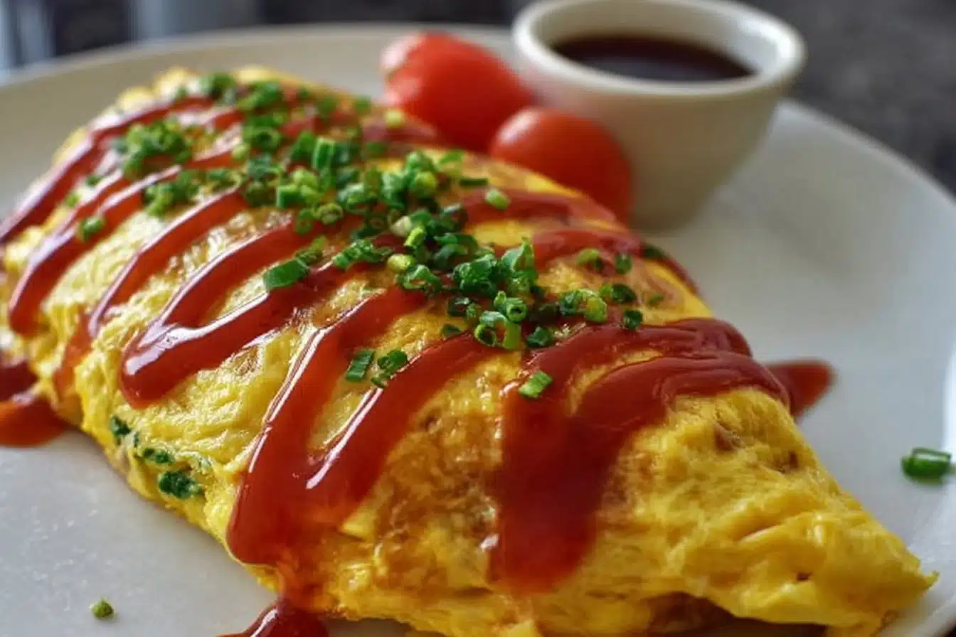 The Ultimate Comfort Dish: Omurice 3 A plate of Omurice featuring fluffy omelette over seasoned fried rice, garnished attractively.