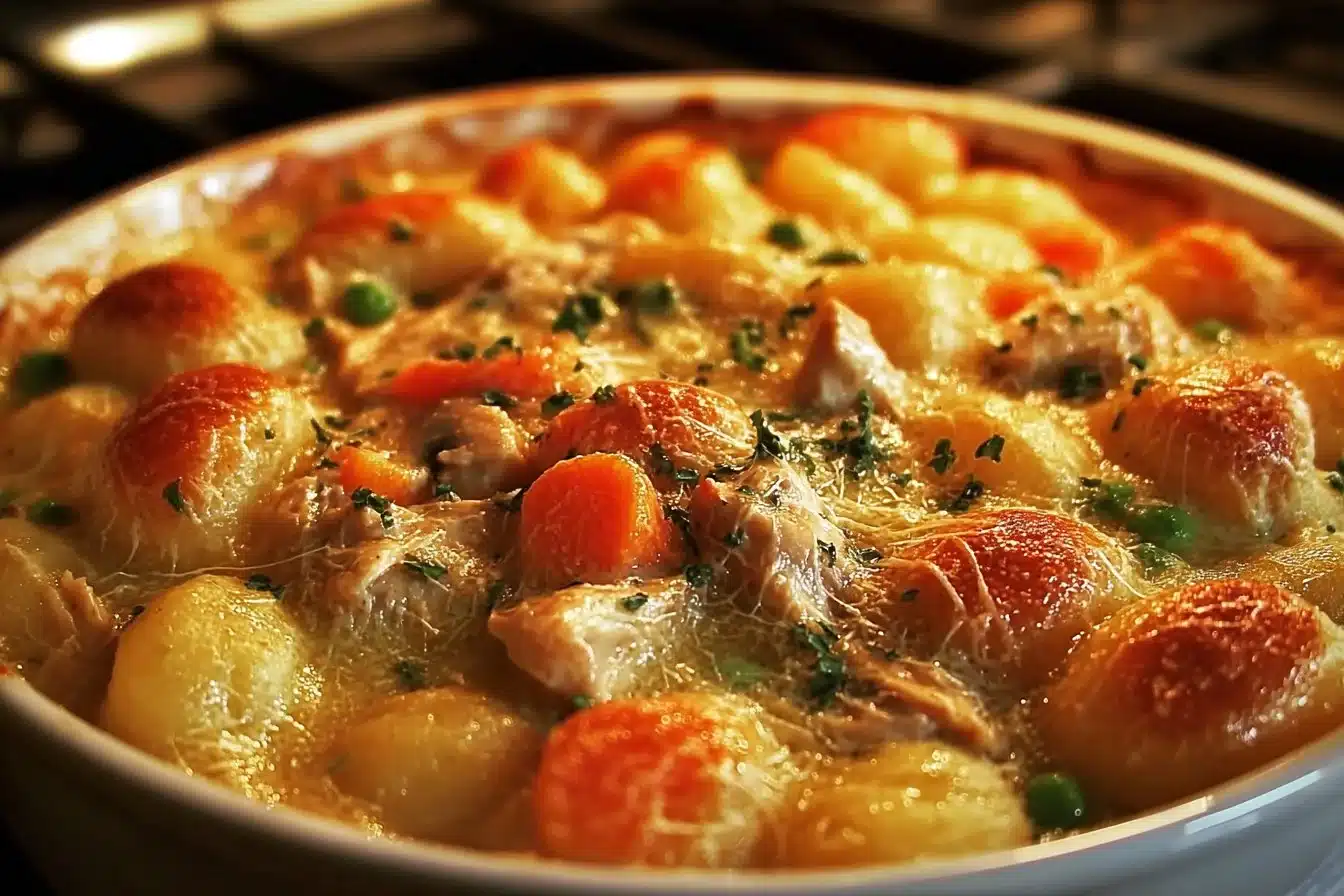 One Pot Gnocchi Chicken Pot Pie served in a rustic bowl
