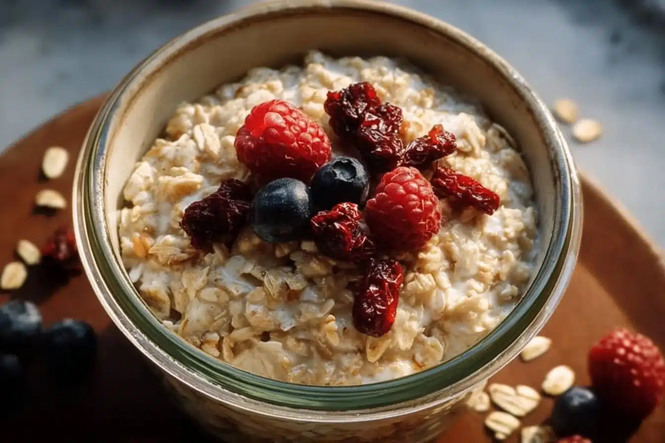 Bowl of perfectly cooked oatmeal topped with fresh fruits and nuts