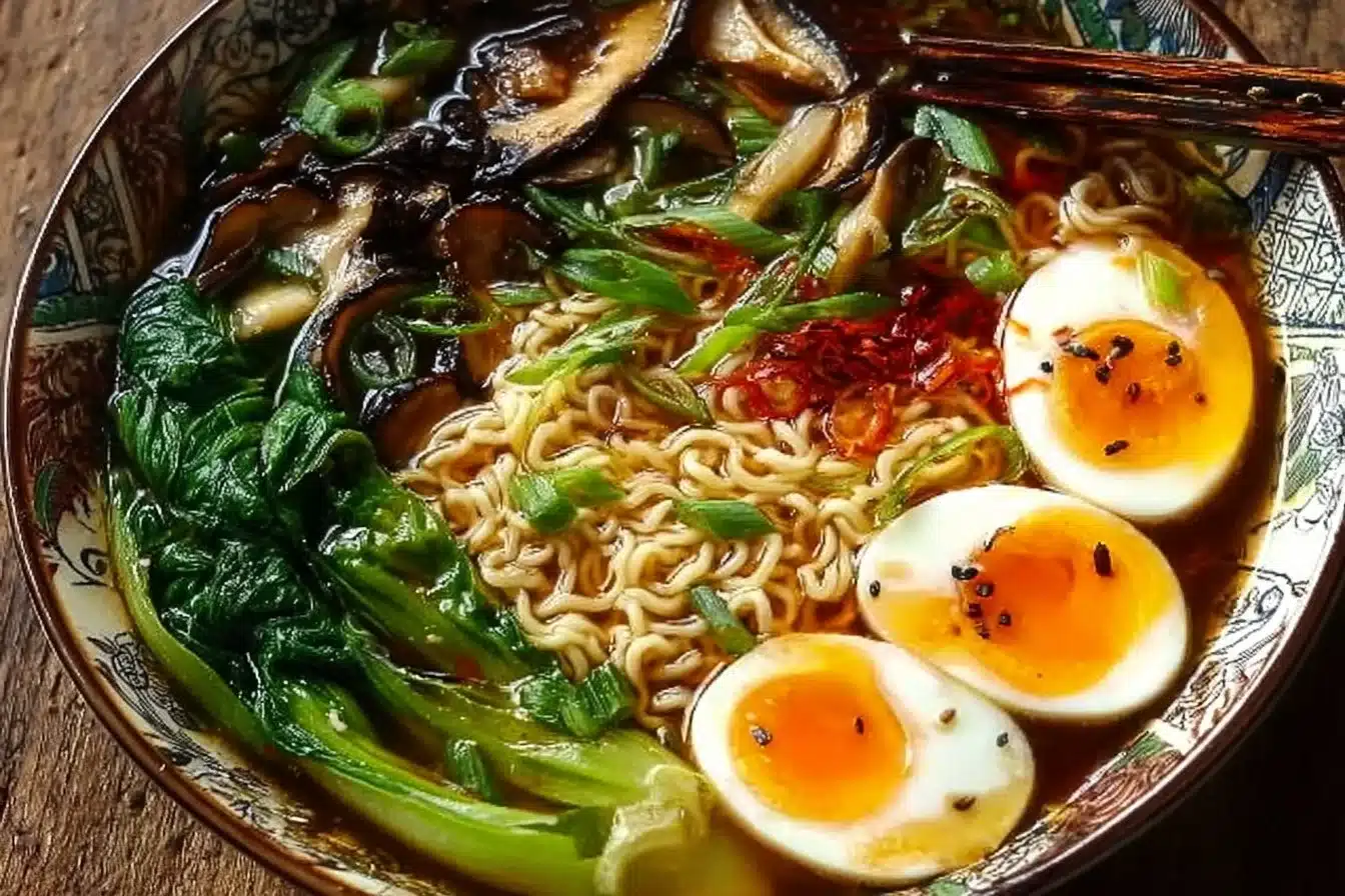 Bowl of quick and easy vegetarian ramen with fresh vegetables and herbs
