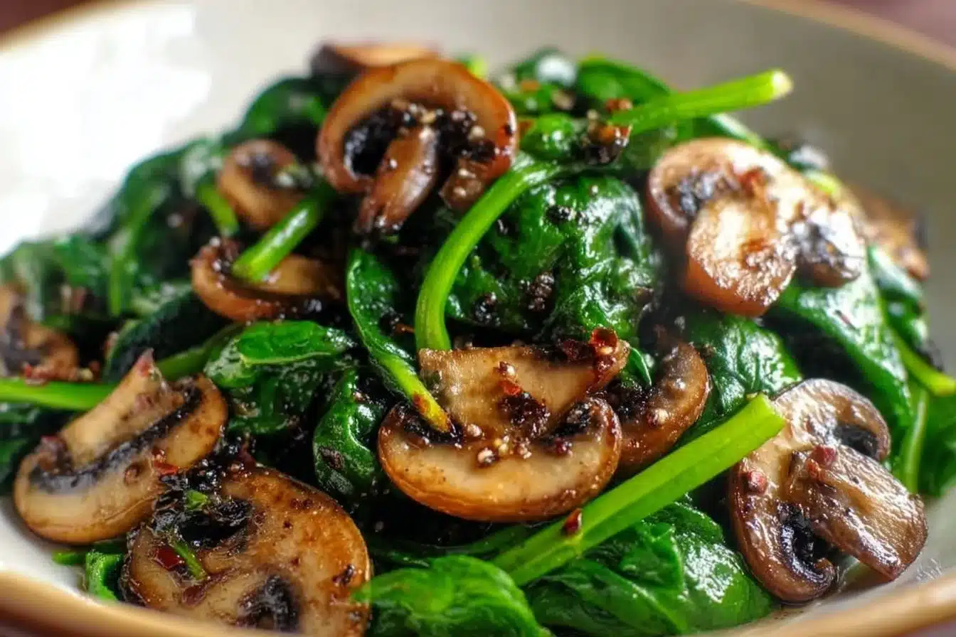 Quick & Delicious Sautéed Mushroom Spinach 3 Plate of sautéed mushrooms and spinach garnished with herbs.