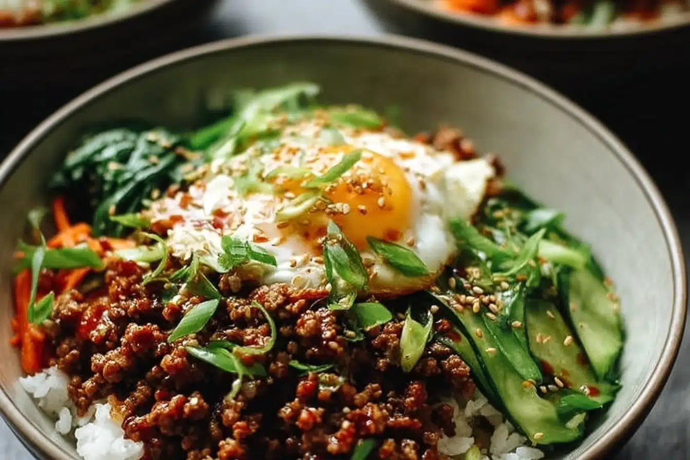 Delicious ground turkey teriyaki rice bowl with vegetables and sauce