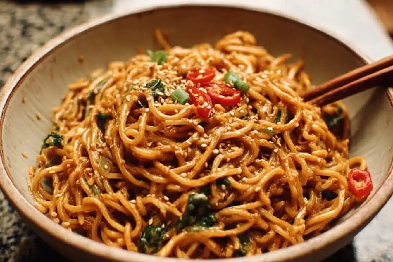 Quick & Spicy Peanut Butter Noodles 3 Quick and spicy peanut butter noodles served in a bowl with vegetables