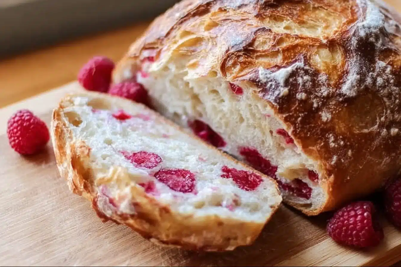 Fresh Raspberry Cheesecake Sourdough Bread with vibrant raspberry topping
