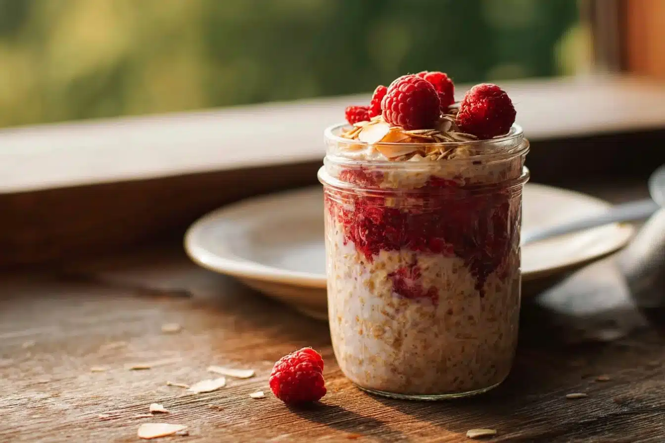 Raspberry Coconut Overnight Oats 3 Bowl of Raspberry Coconut Overnight Oats topped with fresh raspberries and coconut flakes.