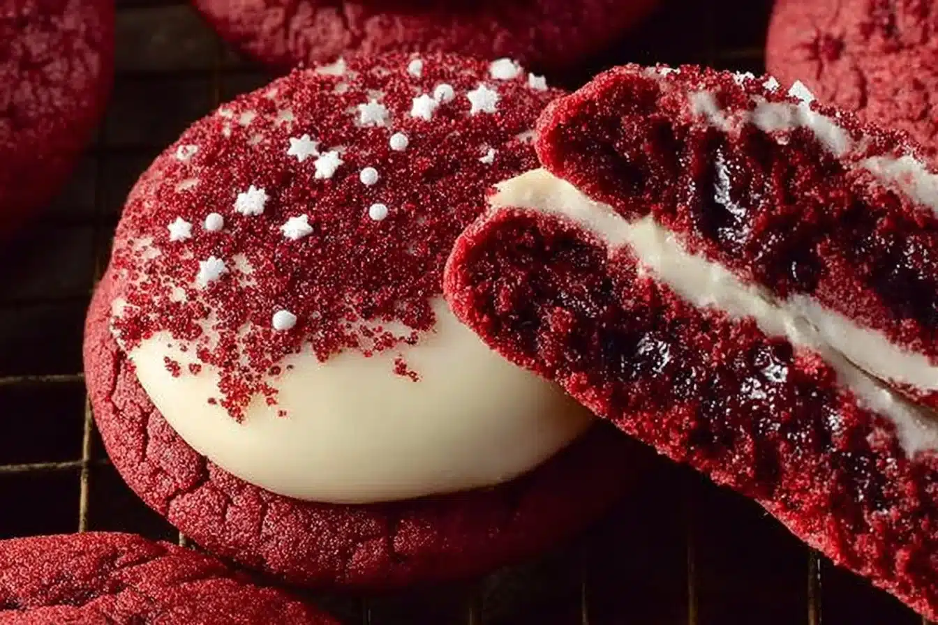 Red Velvet Pan-Banging Cookies 3 Freshly baked red velvet pan-banging cookies on a cooling rack