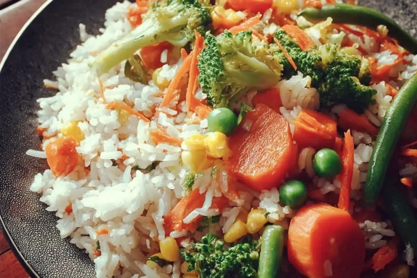 Colorful rice and vegetables stir-fry in a bowl, ready to serve.