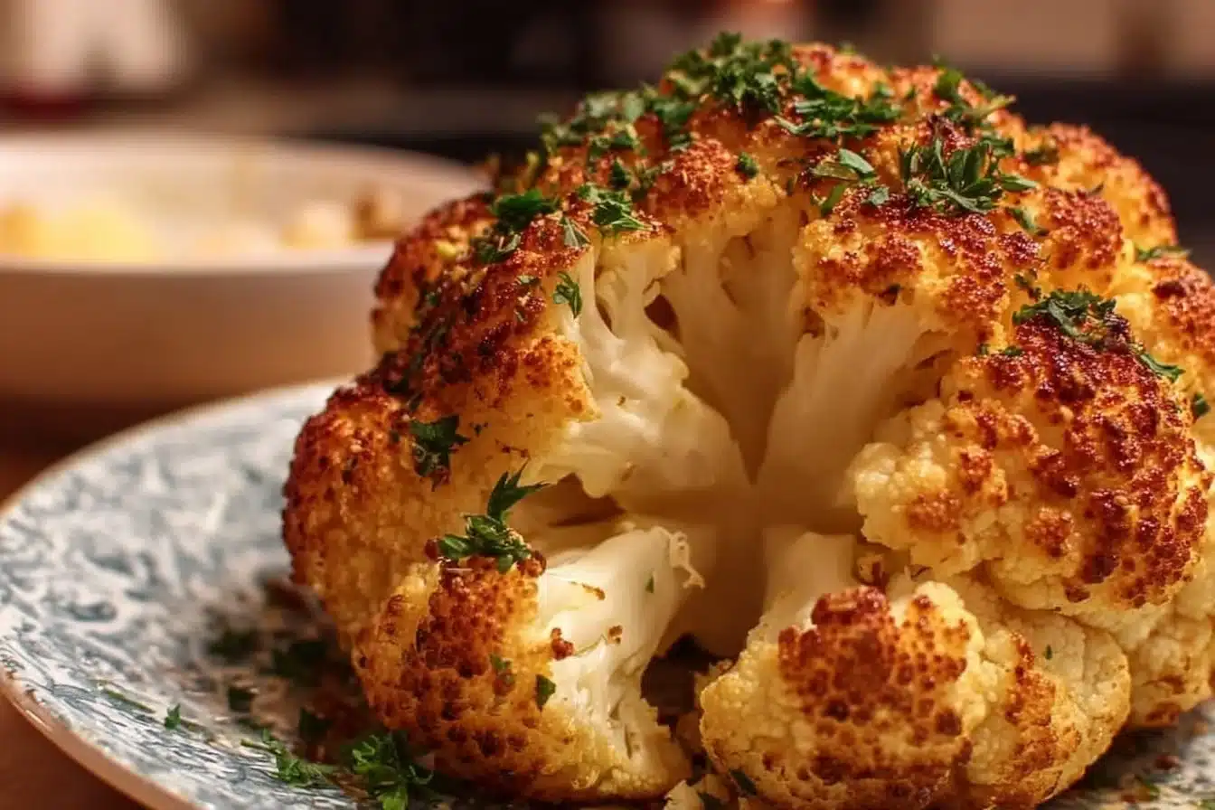 Whole roasted cauliflower with golden-brown edges, surrounded by fresh herbs.