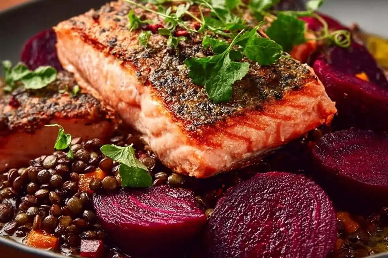 Savory Mustardy Salmon with Beetroot and Lentils 3 Savory salmon dish with mustard, beetroot, and lentils on a plate
