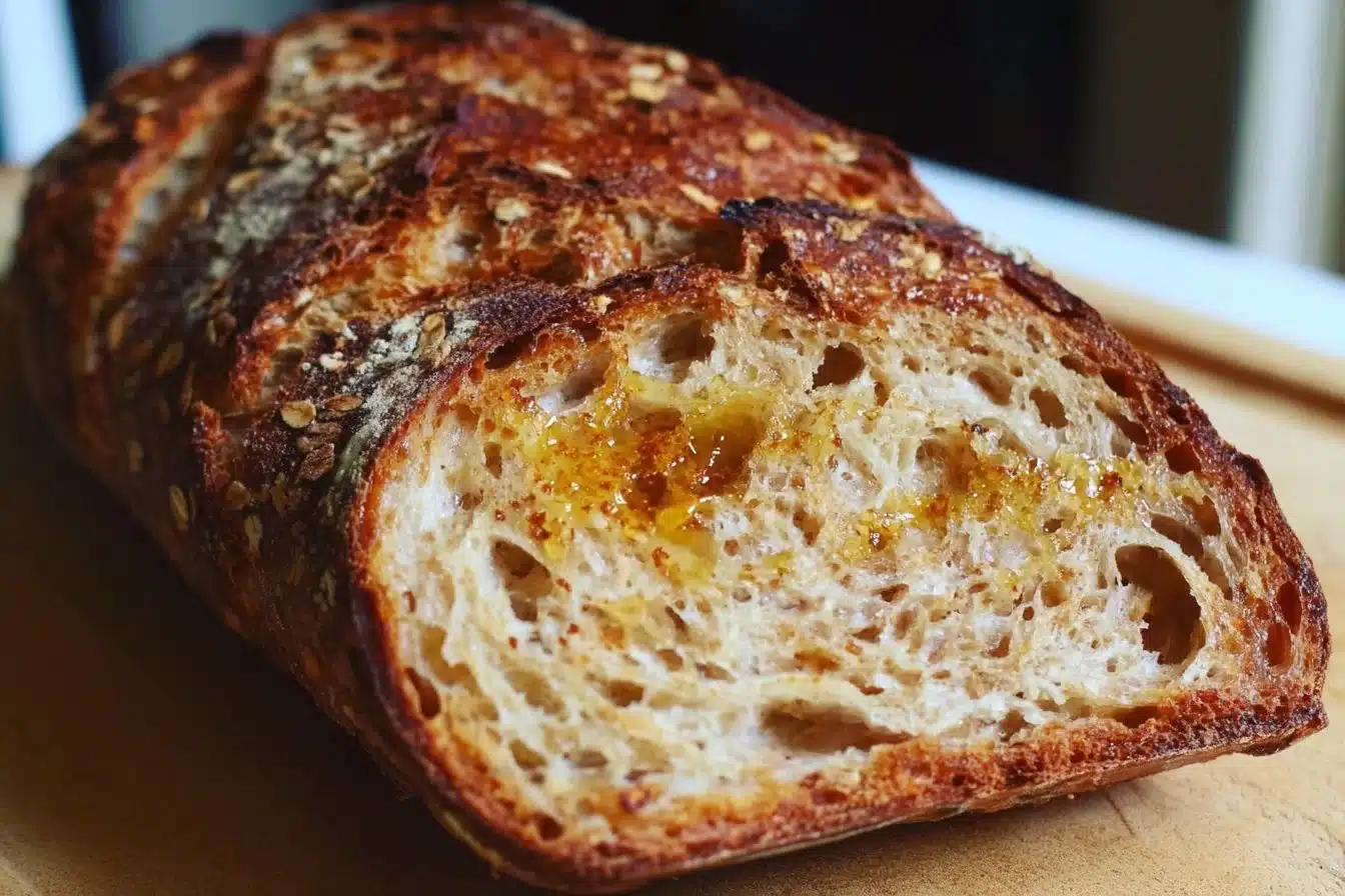 Freshly baked honey oat sourdough bread with a soft, chewy texture.