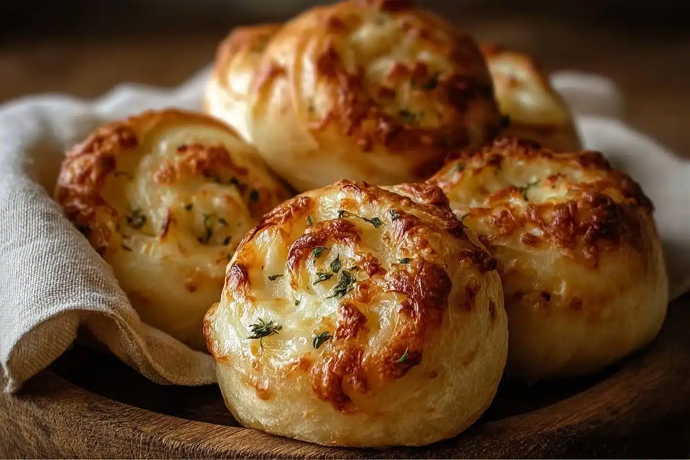 Freshly baked soft sourdough rolls with melted cheese on top