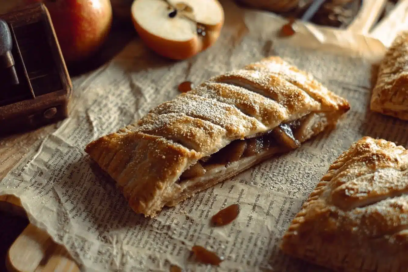 Freshly baked sourdough apple turnover with a flaky crust and apple filling