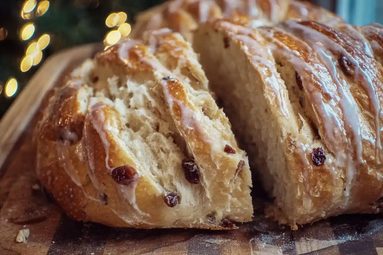 Freshly baked sourdough Christmas bread on a festive table