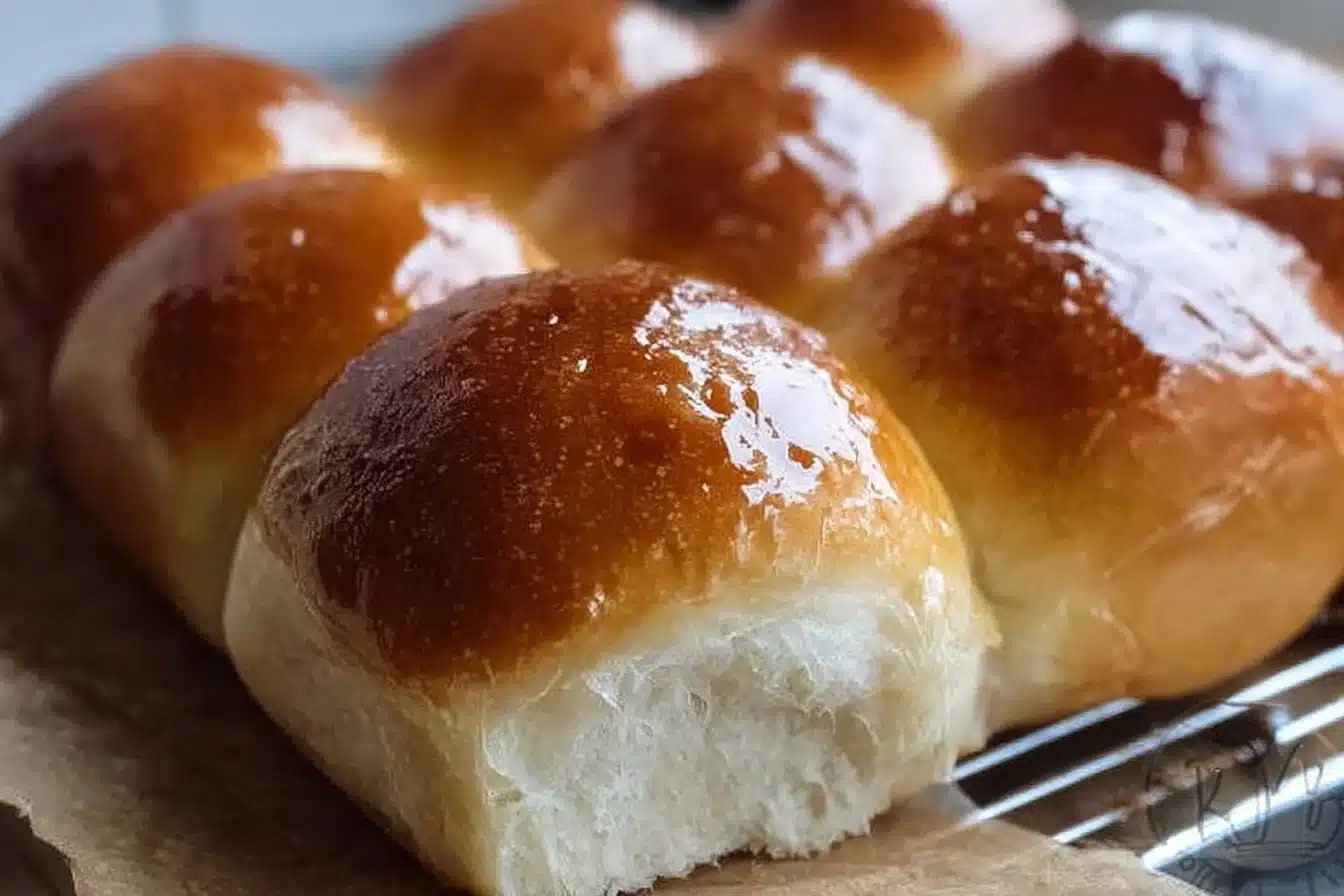 Freshly baked sourdough dinner rolls on a wooden table