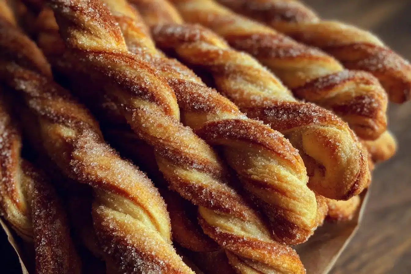 Sourdough Discard Cinnamon Sugar Twists 2 Delicious sourdough cinnamon sugar twists on a wooden table