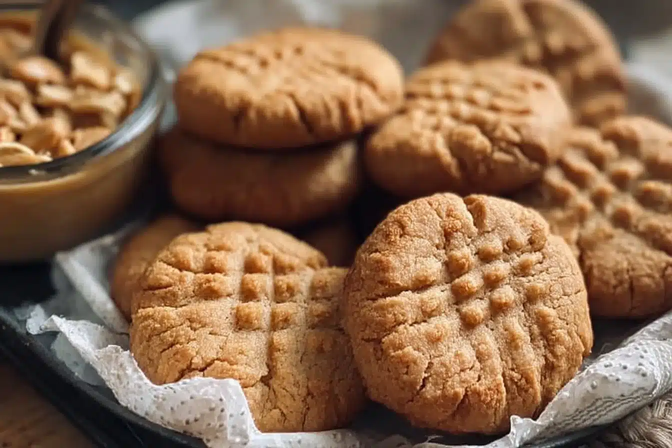 Freshly baked sourdough discard peanut butter cookies on a cooling rack.