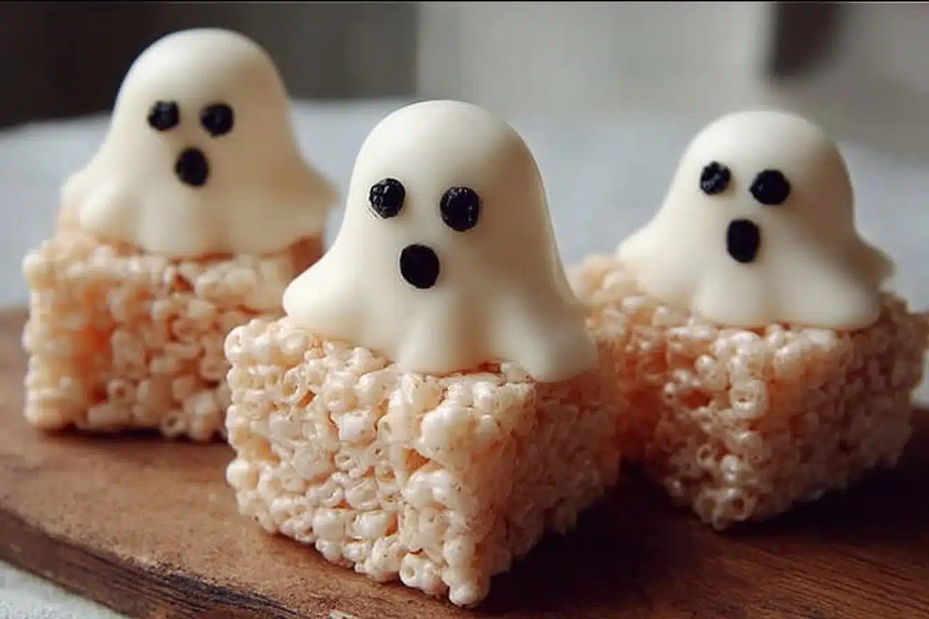 Spooky & Sweet Ghost Rice Krispie Treats 3 Spooky ghost rice krispie treats with marshmallow faces on a plate