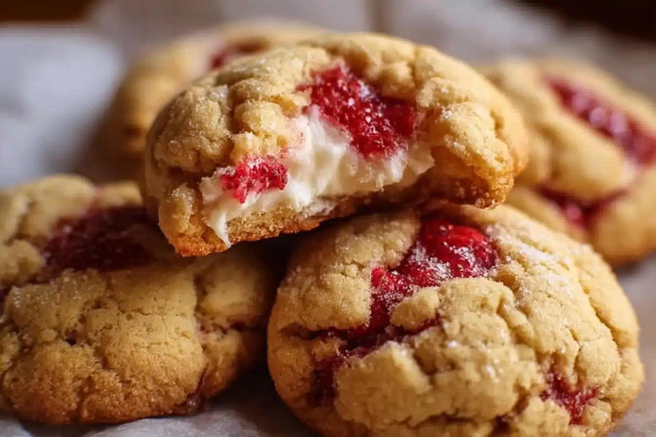 Delicious Strawberry Cheesecake Cookies garnished with fresh strawberries on a plate.