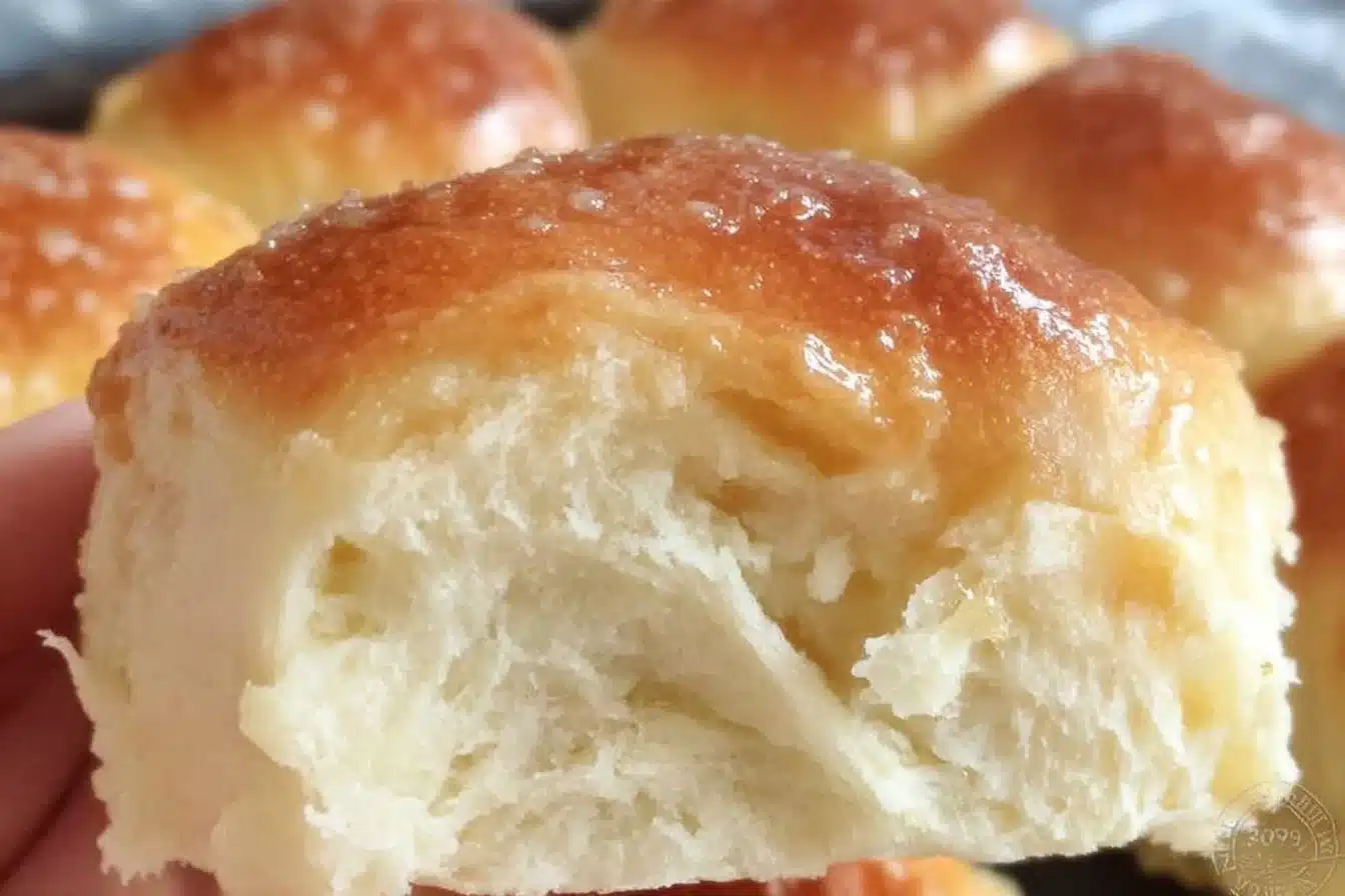 Sweet & Buttery Hawaiian Rolls 3 Freshly baked sweet and buttery Hawaiian rolls on a wooden table