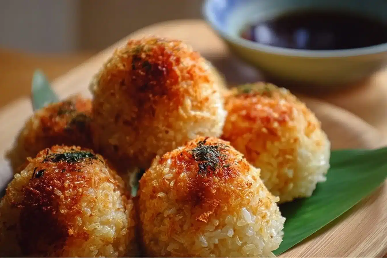 Delicious tuna rice balls ready to serve with fresh ingredients