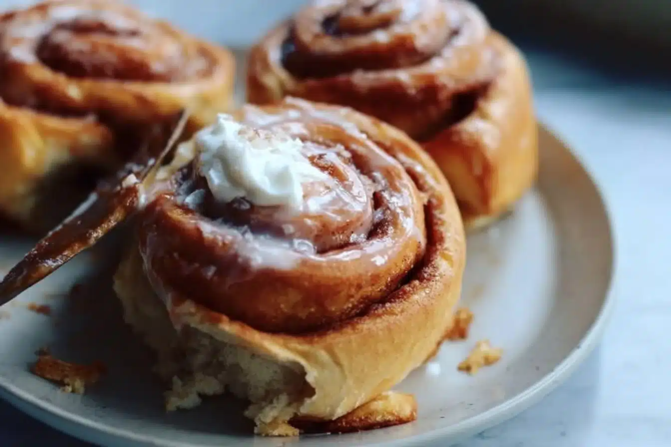 Delicious homemade sourdough cinnamon rolls topped with icing.