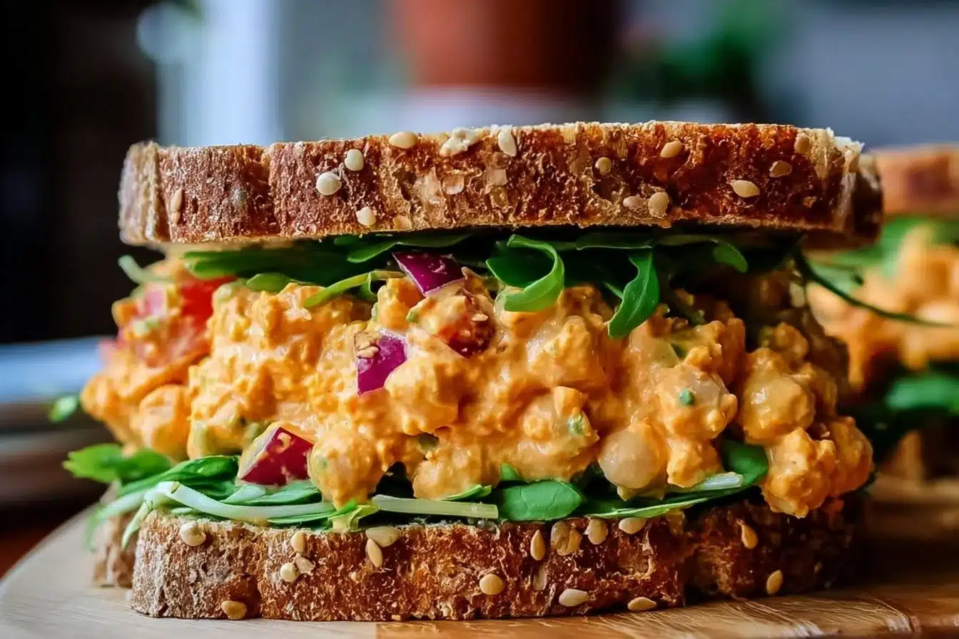 Vegan Buffalo Chickpea Salad Sandwich served on whole grain bread.