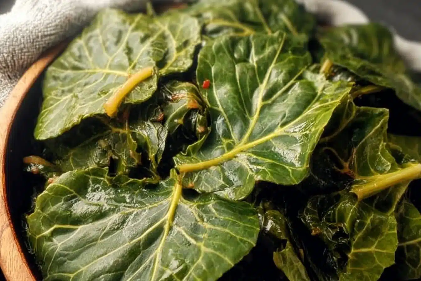 Plate of Vegan Collard Greens with spices, a nutritious vegan side dish