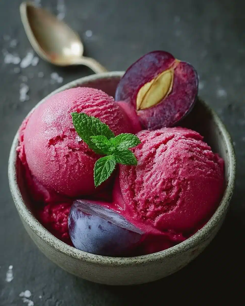 Cardamom Plum Sorbet 3 Homemade Cardamom Plum Sorbet served in a bowl with fresh plums and cardamom pods