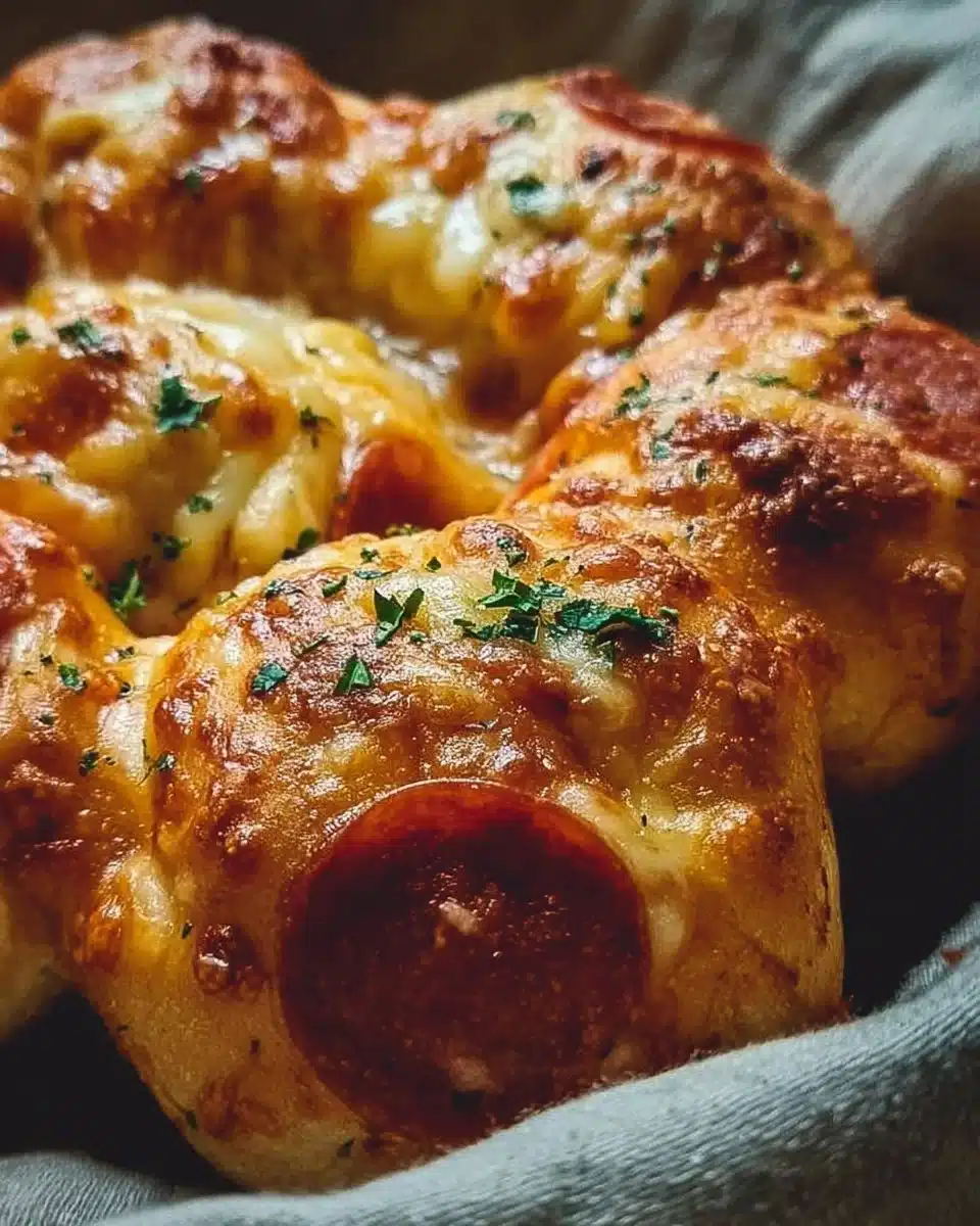Cheesy sourdough pizza rolls baked to perfection on a wooden board.