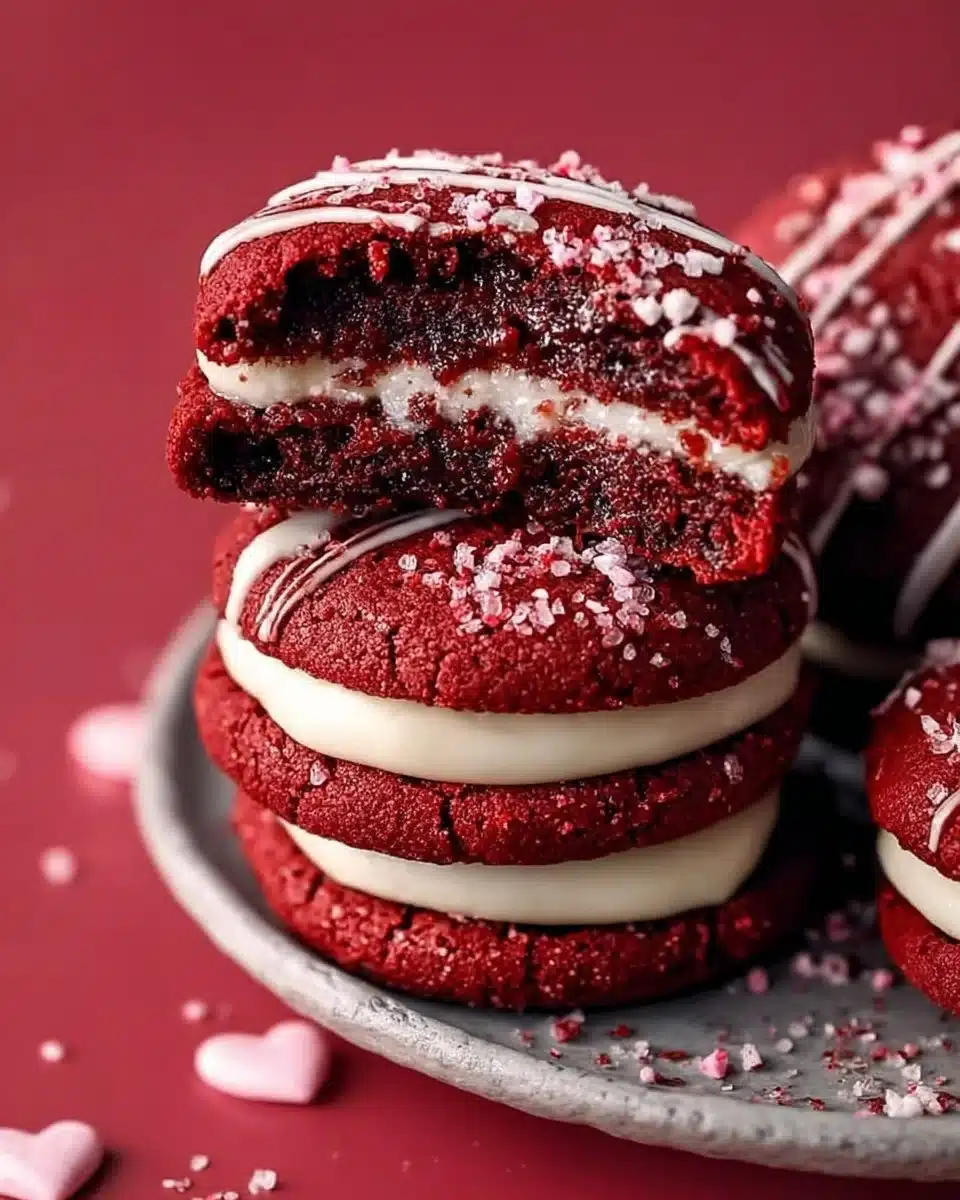 Chocolate filled red velvet cookies stacked on a plate.