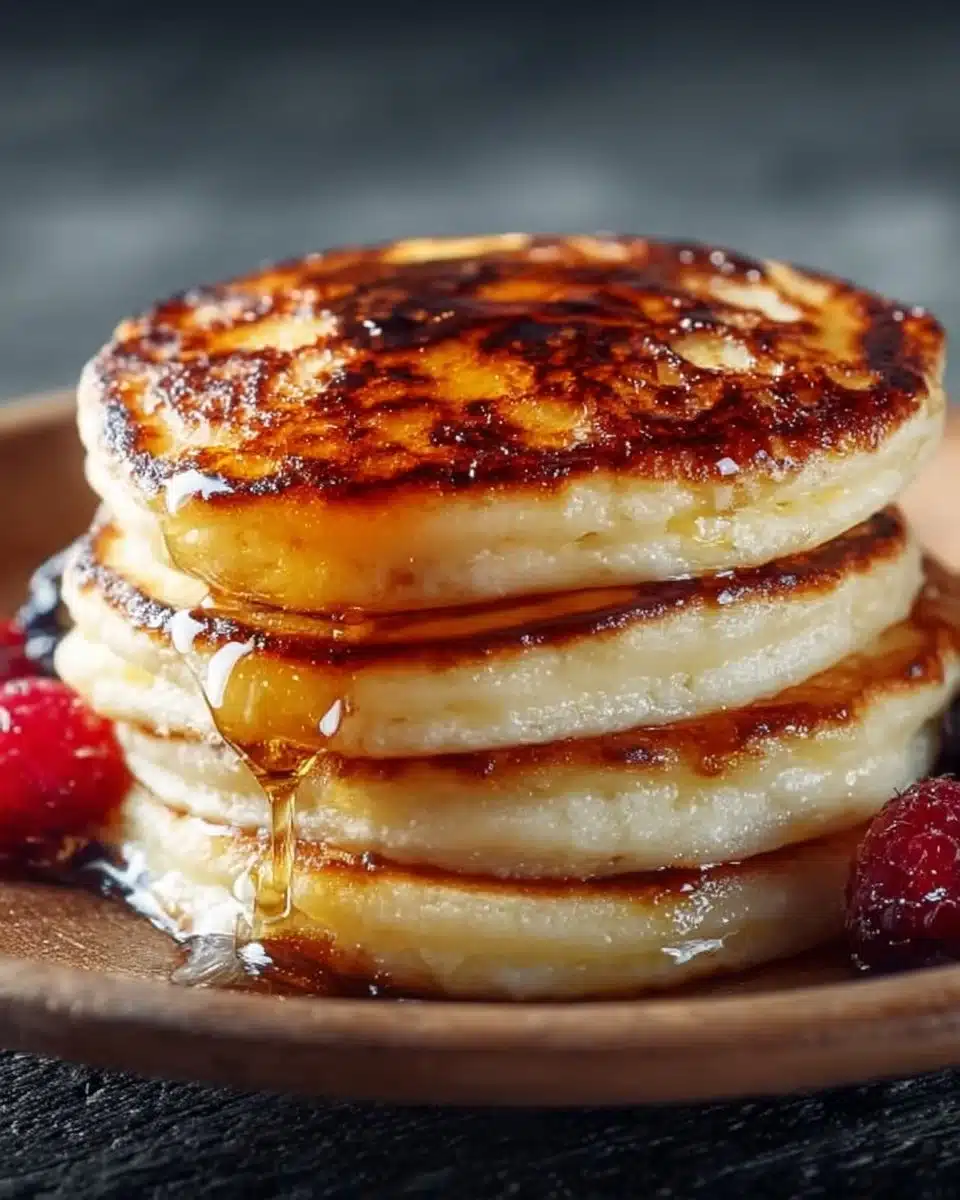 Fluffy cottage cheese pancakes served with syrup and berries on a plate.