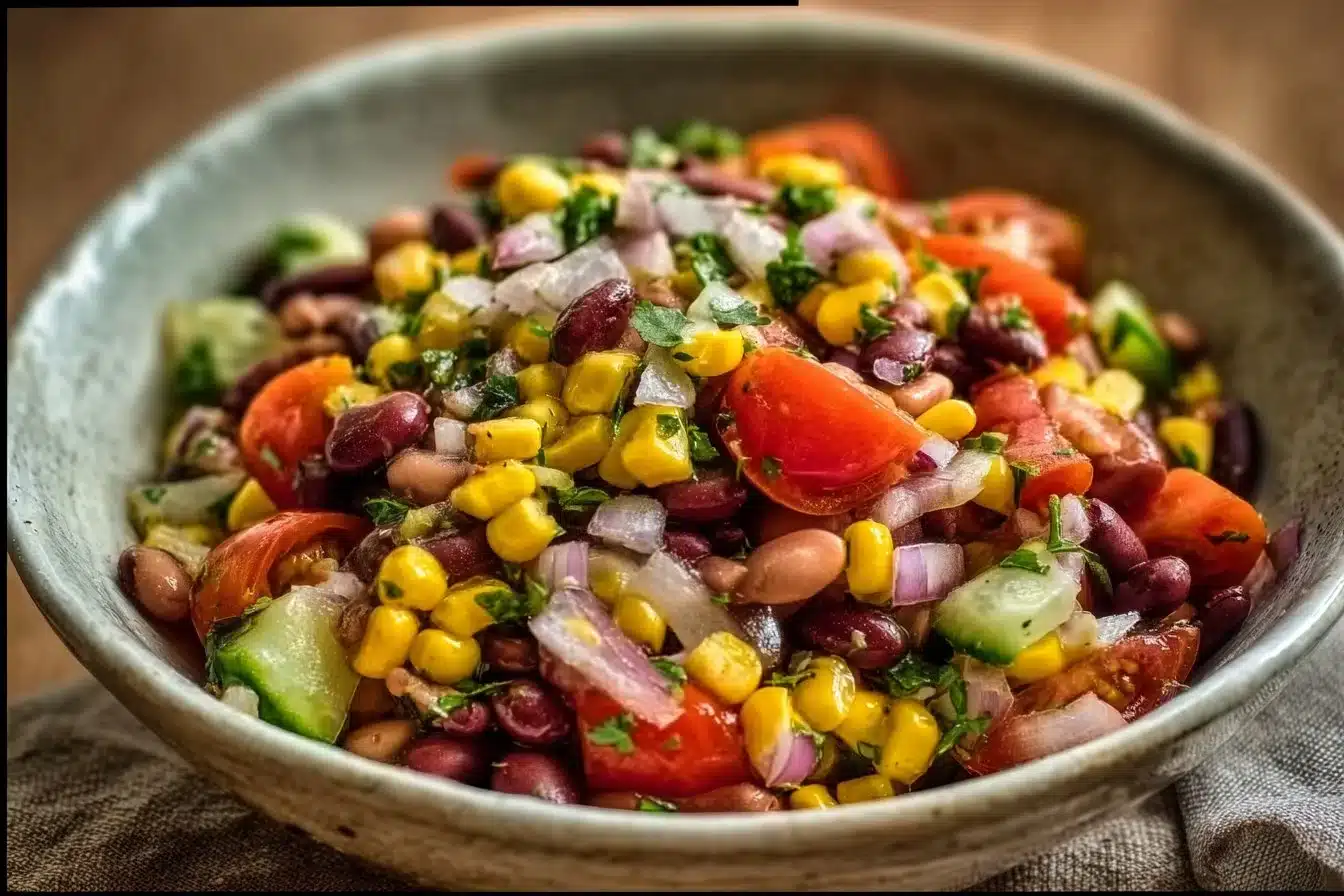 Bowl of colorful Cowboy Caviar with beans, tomatoes, and peppers