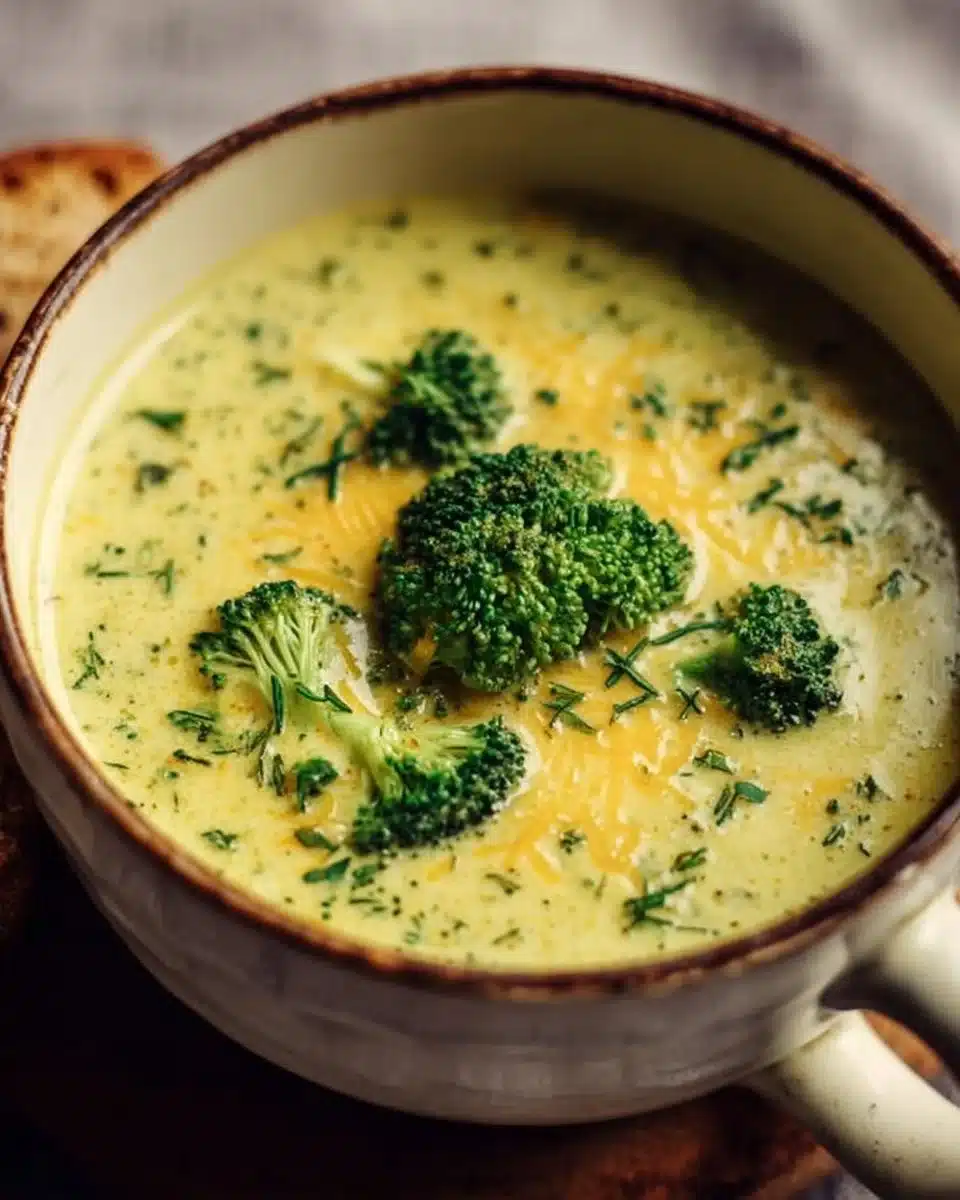 Bowl of creamy broccoli cheddar soup garnished with fresh herbs