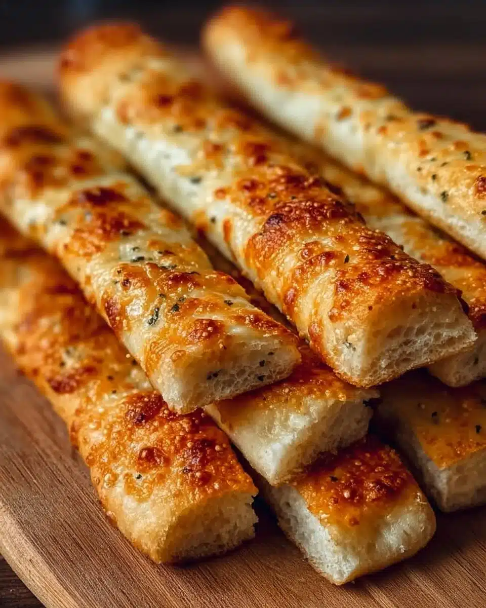 Crispy sourdough cheesy breadsticks fresh out of the oven on a serving board.