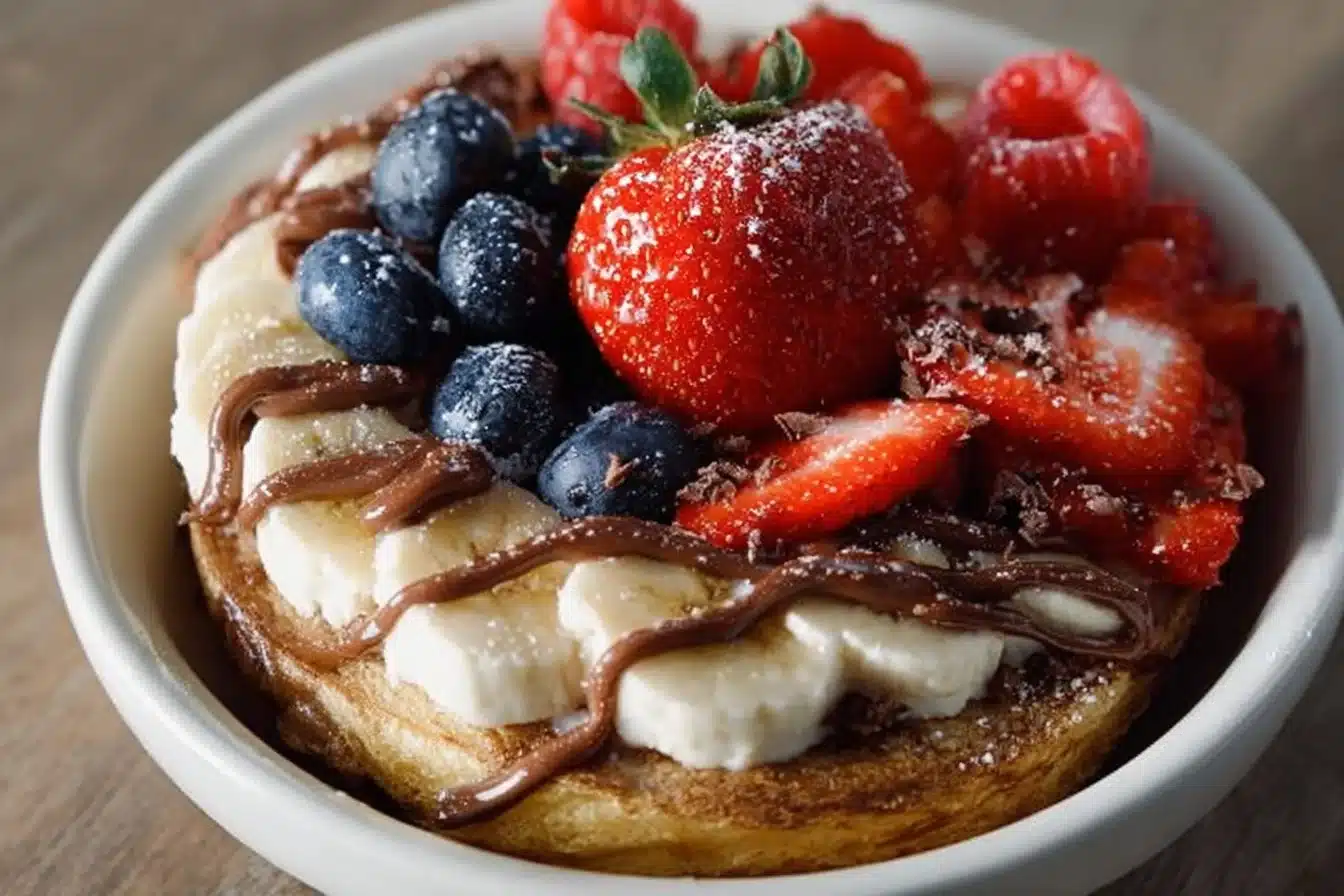 Delicious protein pancake bowl topped with fresh fruits and nuts