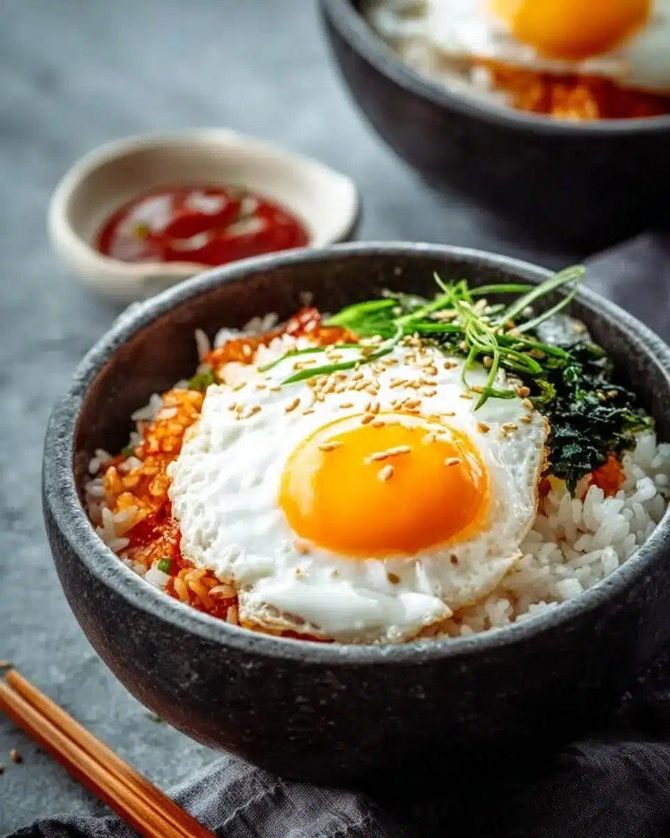 Delicious Korean Egg Rice topped with a fried egg and garnished with vegetables.