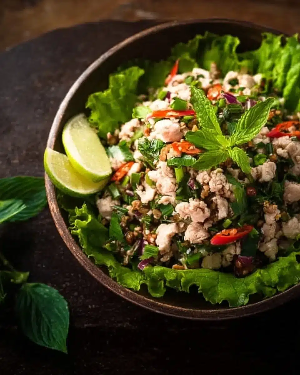 Fresh Thai Chicken Larb Salad with herbs and spices in a bowl