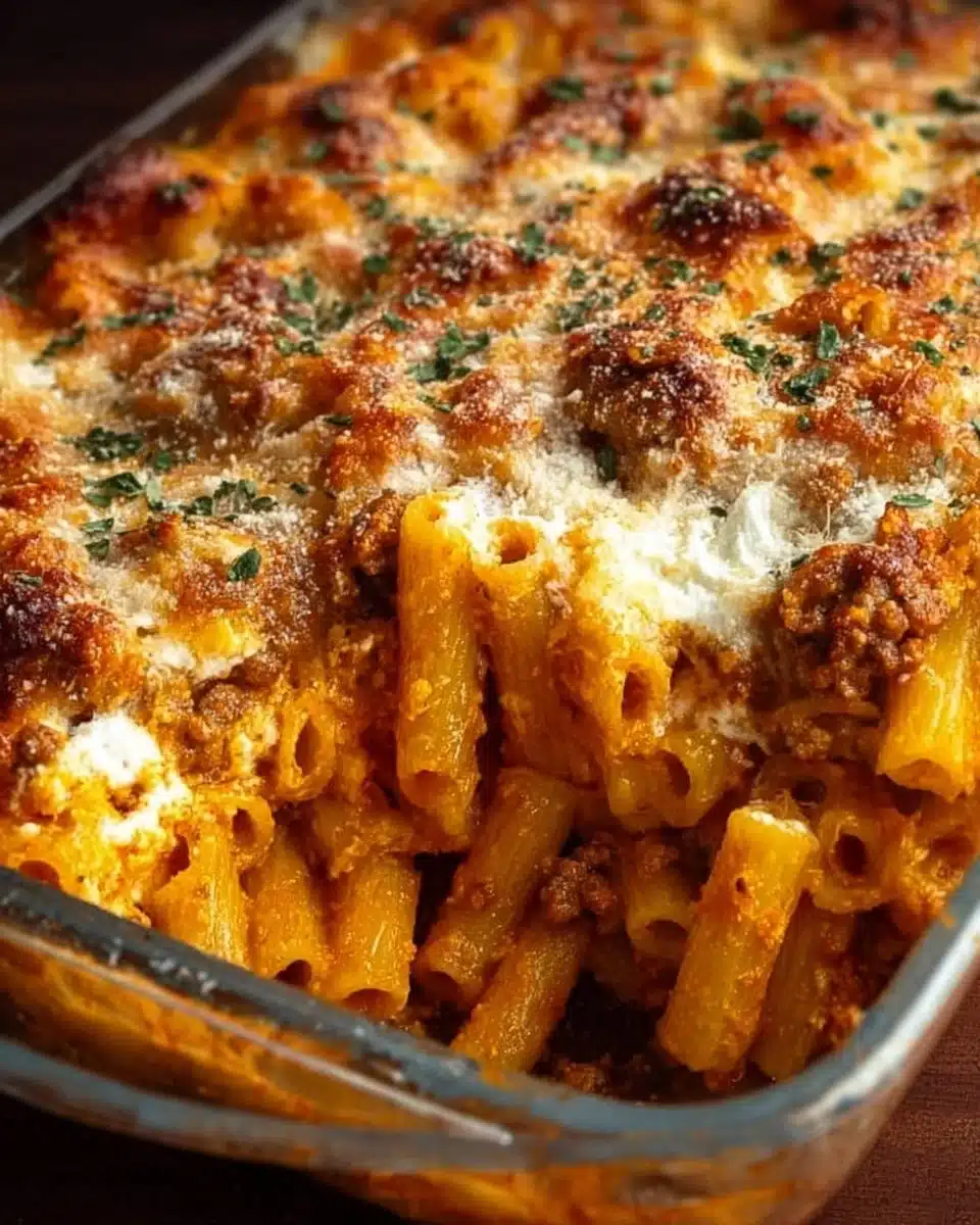Easy and Delicious Baked Ziti with Sausage and Ricotta 3 Easy baked ziti with sausage and ricotta served in a baking dish