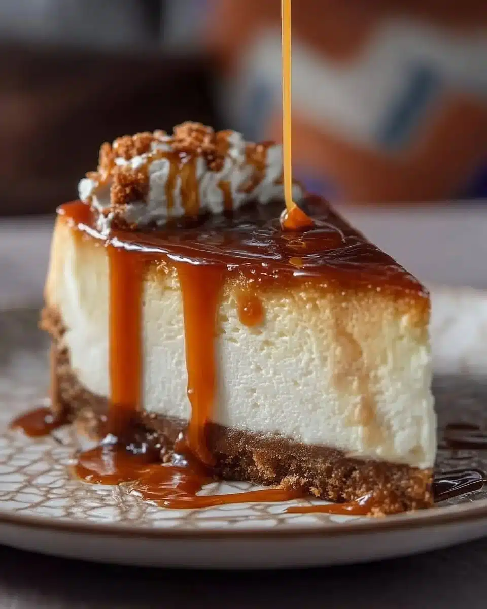Slice of easy caramel macchiato cheesecake with salted caramel drizzle