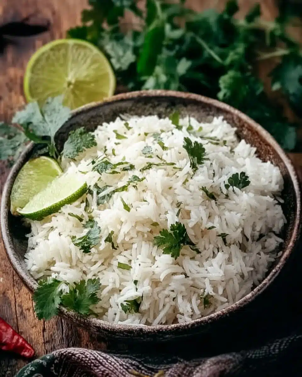 Bowl of easy cilantro lime rice garnished with fresh cilantro and lime wedges.