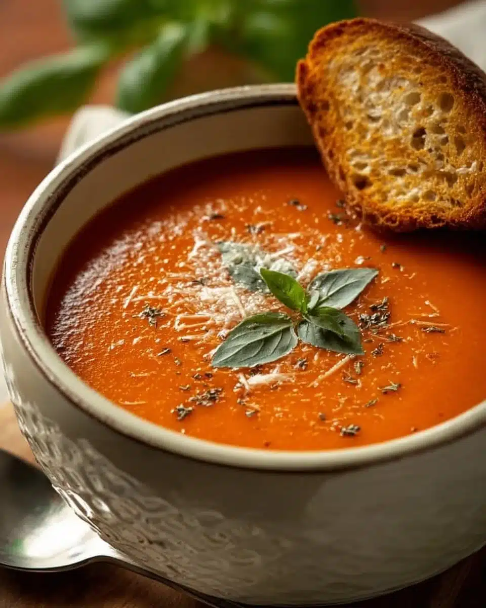 Bowl of easy creamy tomato basil soup garnished with fresh basil leaves.
