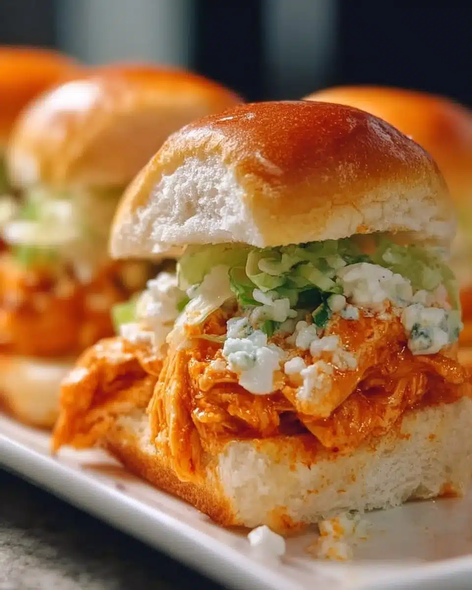 Easy Delicious Buffalo Chicken Sliders 3 Delicious buffalo chicken sliders served on a platter with sauce and toppings.
