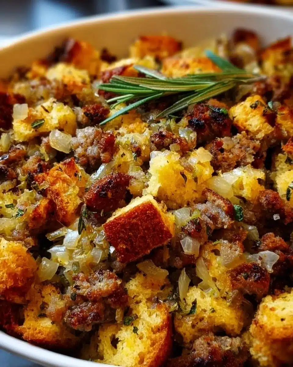 Easy & Delicious Homemade Sausage Stuffing 3 Homemade sausage stuffing prepared with fresh ingredients in a bowl.