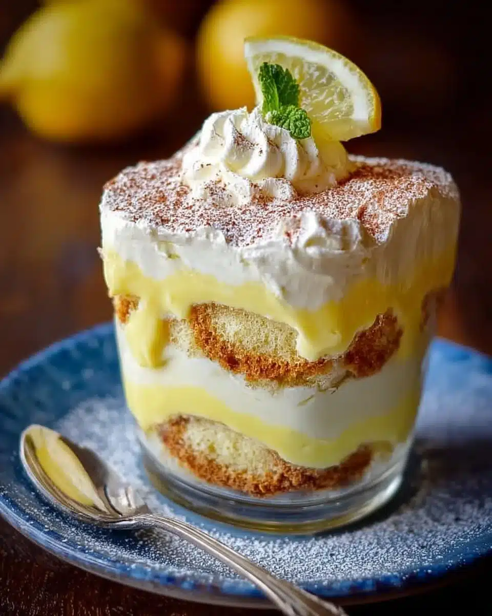 Easy Delightful Lemon Limoncello Italian Tiramisu 3 Slice of lemon tiramisu with lemon zest and limoncello drizzle on a plate.