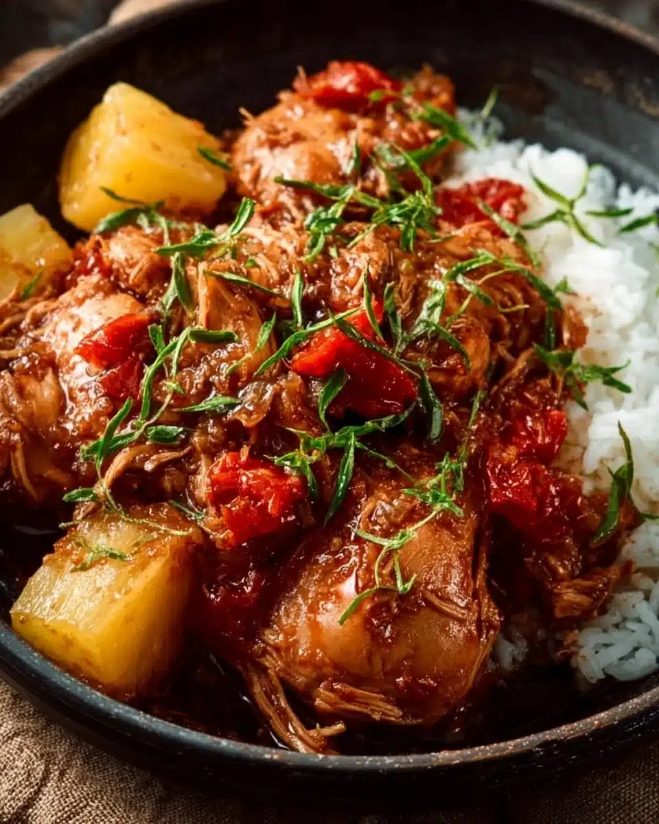 Delicious slow cooker Hawaiian Chicken meal ready to serve.