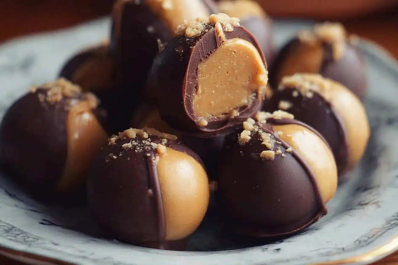 A plate of easy healthy peanut butter buckeyes drizzled in chocolate.