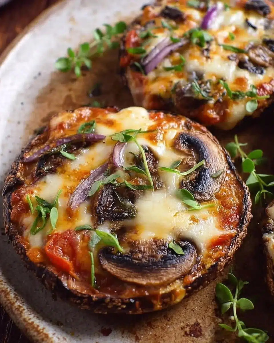Easy Portobello mushroom pizza for one, topped with cheese and vegetables